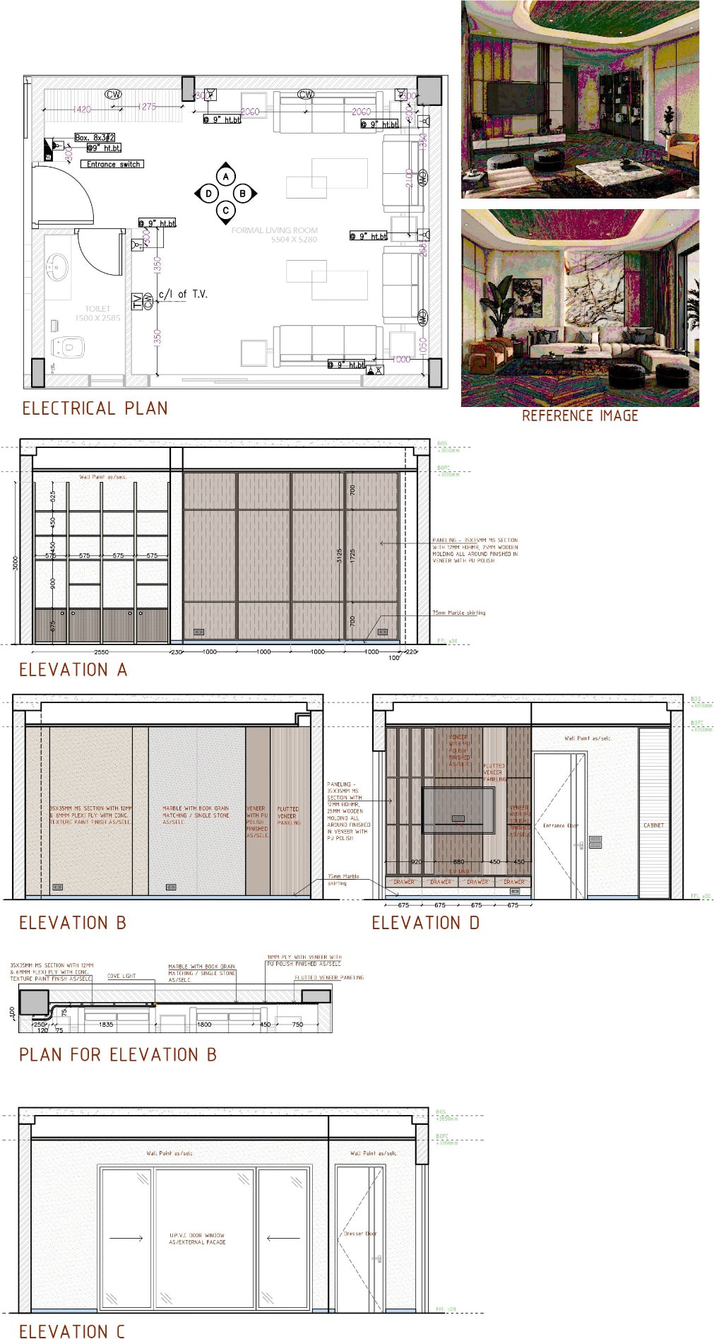Formal living room electrical plan and four wall elevations with veneer panelling details