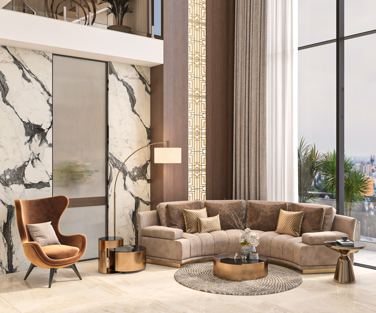 Living lounge with curved sectional, brass coffee tables, and floor-to-ceiling city-view glazing