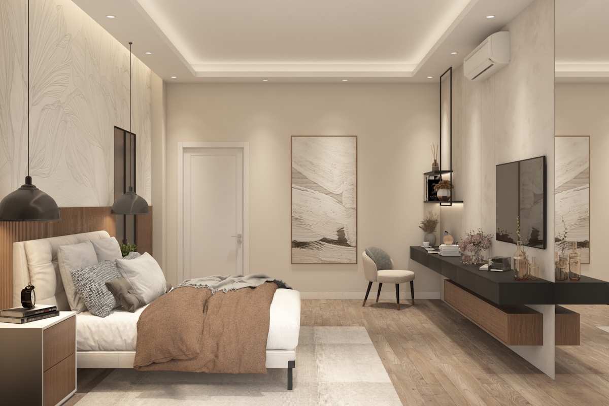 Master bedroom with dresser, textured wall panel, and framed artwork