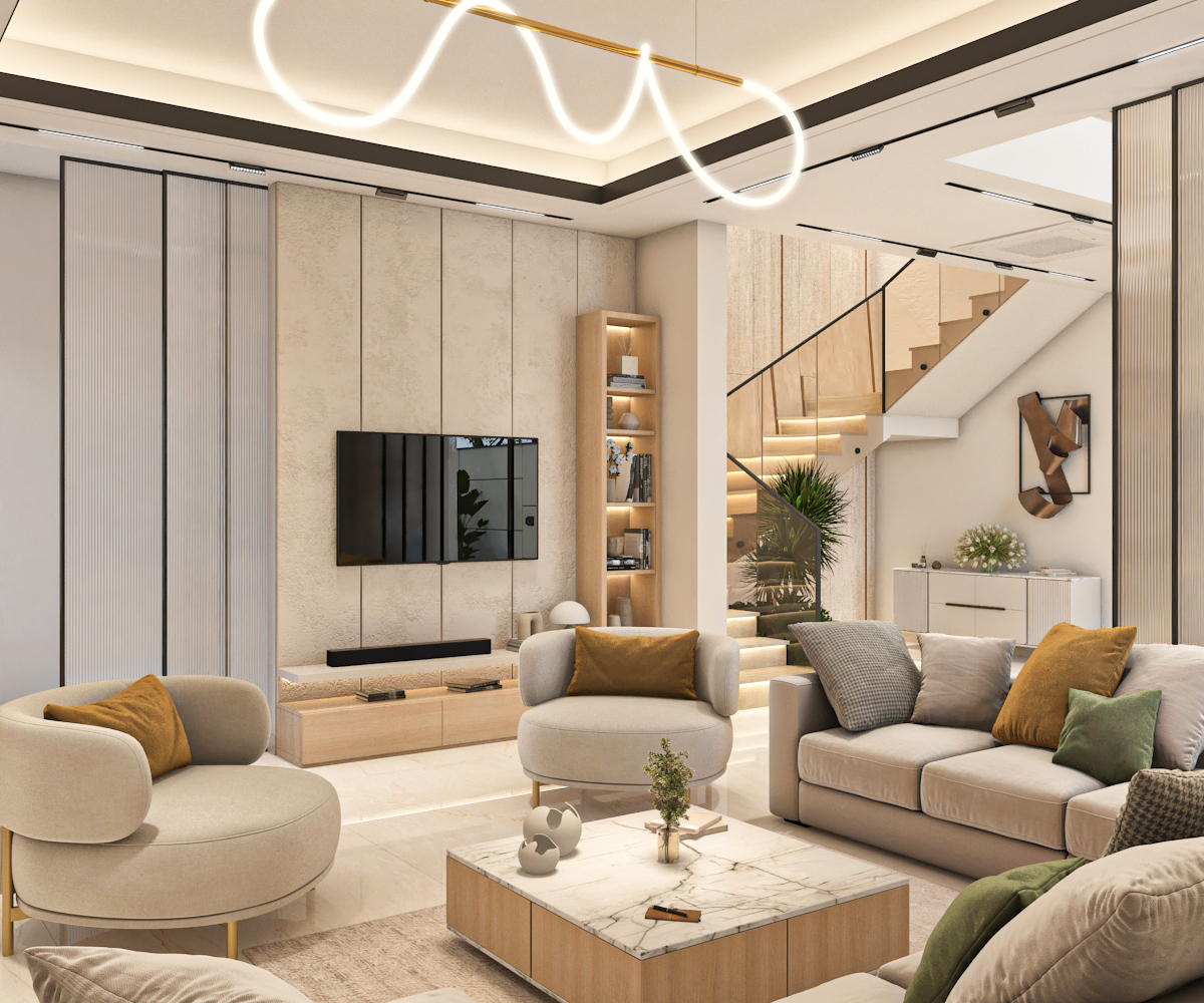 Living room with fluted media wall, floating staircase, and warm marble flooring
