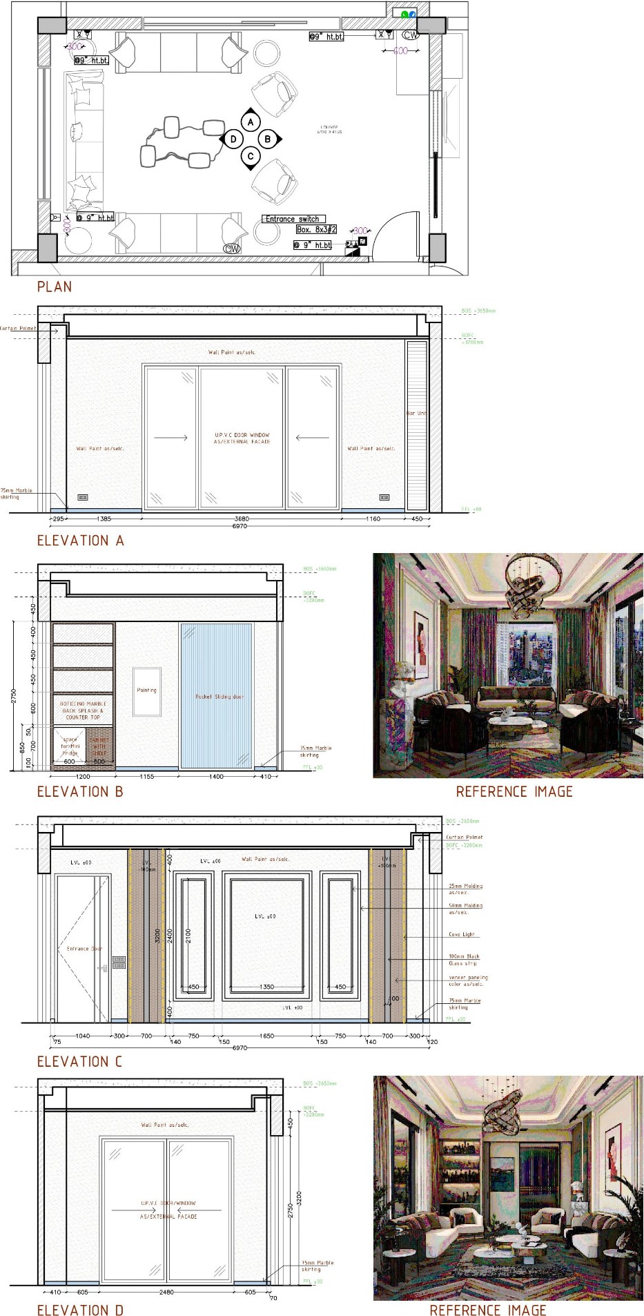 Lounge room wall elevations with bar unit, marble counter and pocket sliding door