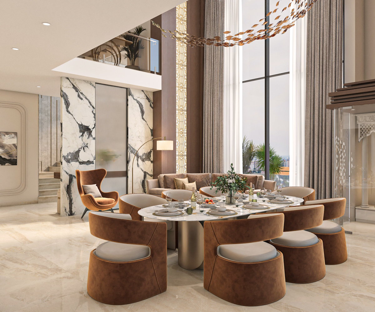 Formal dining with book-matched marble feature wall, gold lattice screen, and sculptural chandelier