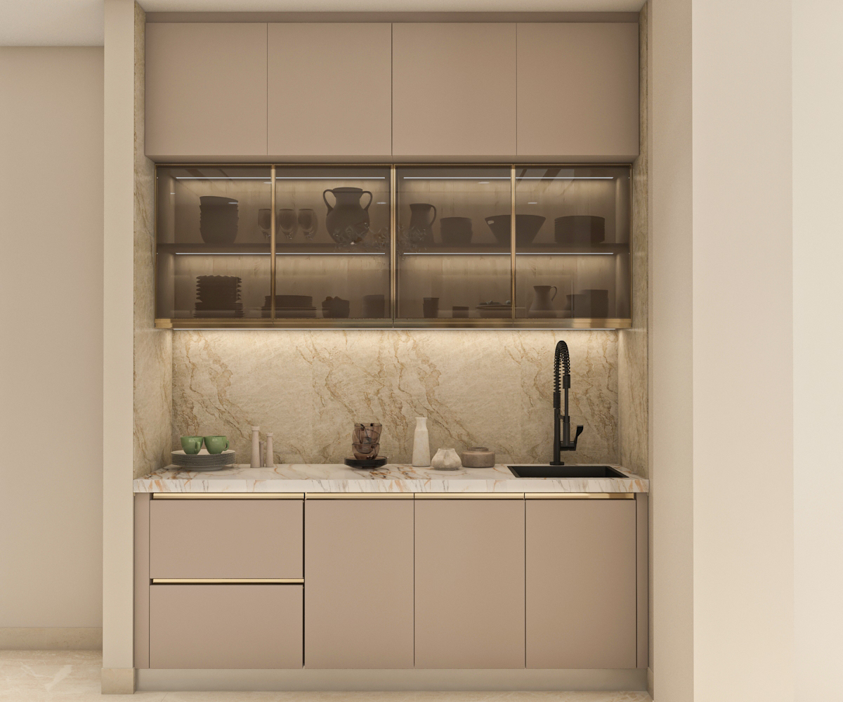 Crockery unit with backlit glass shelves, marble backsplash, and beige lacquered cabinets