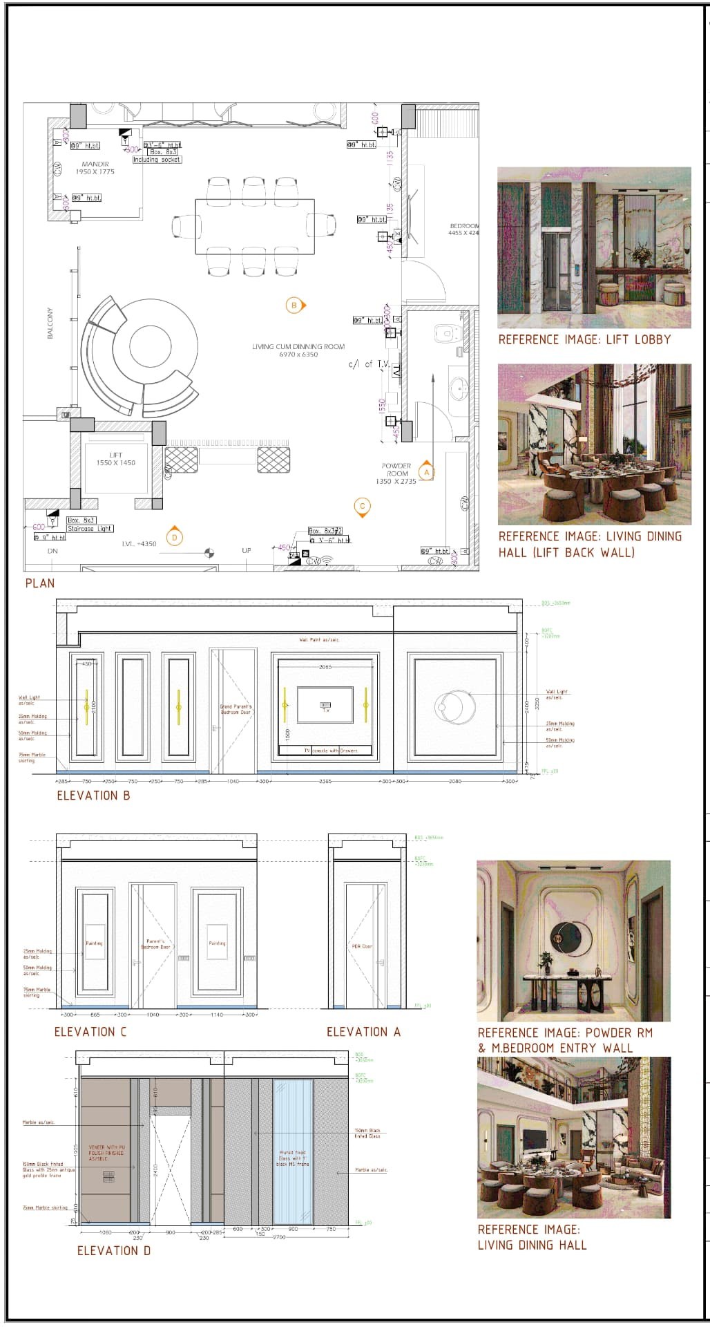Living and dining wall elevations with mouldings, TV wall, and lift lobby detailing