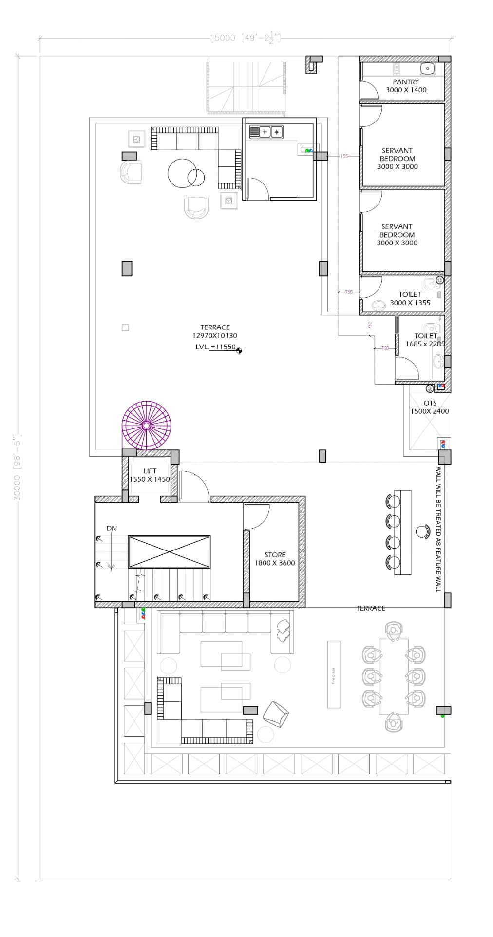 Terrace floor plan with pantry, servant bedrooms, toilets, lift, and lounge layout