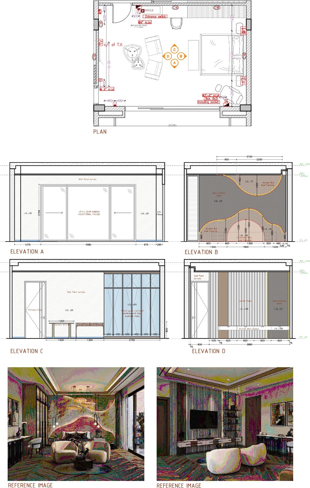 Brother's bedroom wall elevations with curved bed back panelling and TV unit