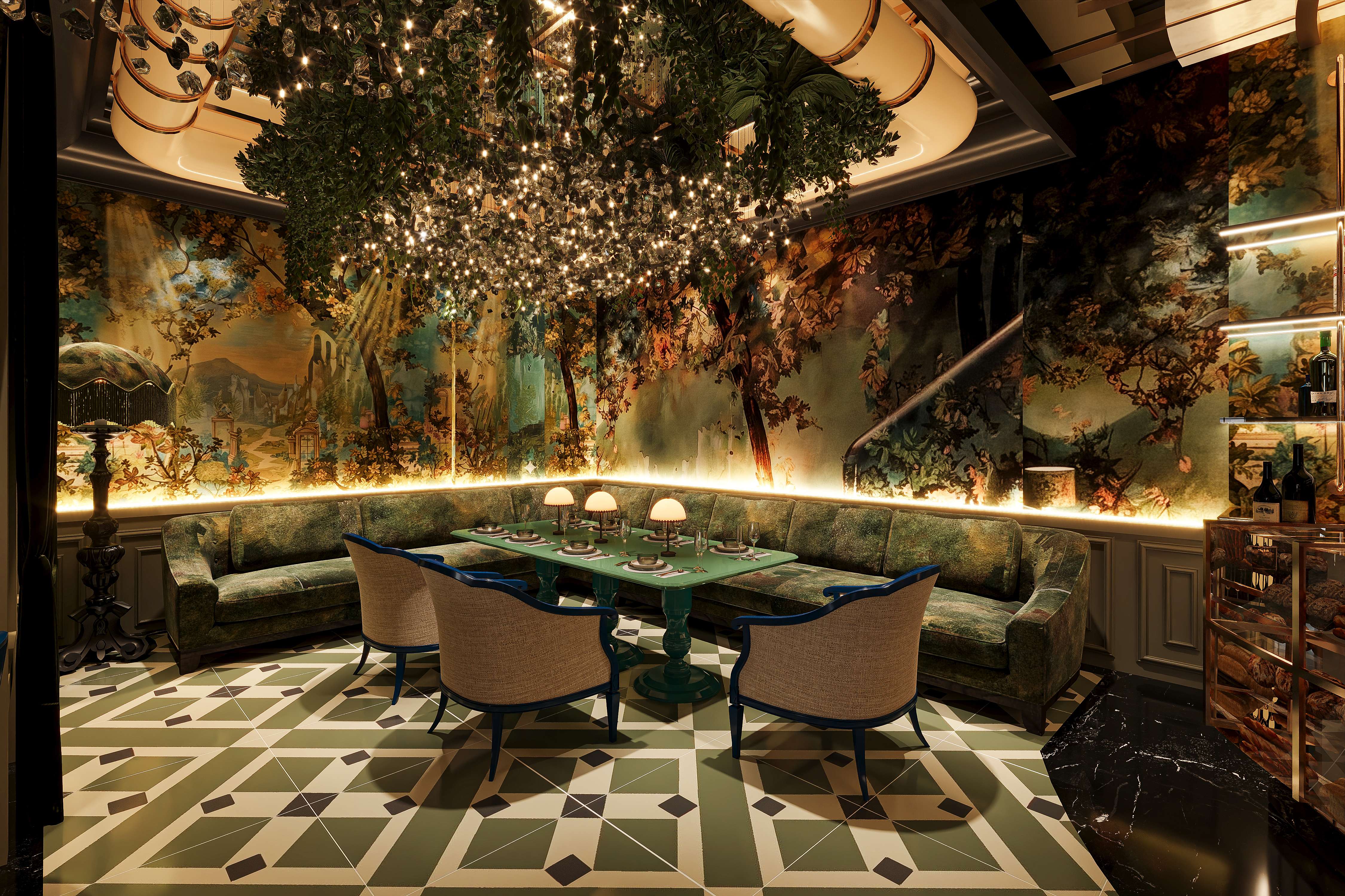 Curved velvet banquette against forest mural wallpaper with sparkling chandelier