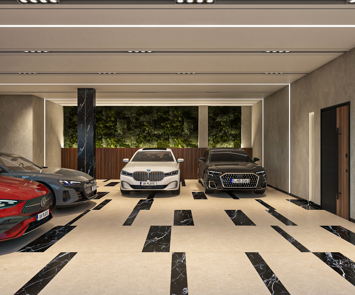 Multi-car parking bay with illuminated vertical garden wall and premium stone flooring pattern