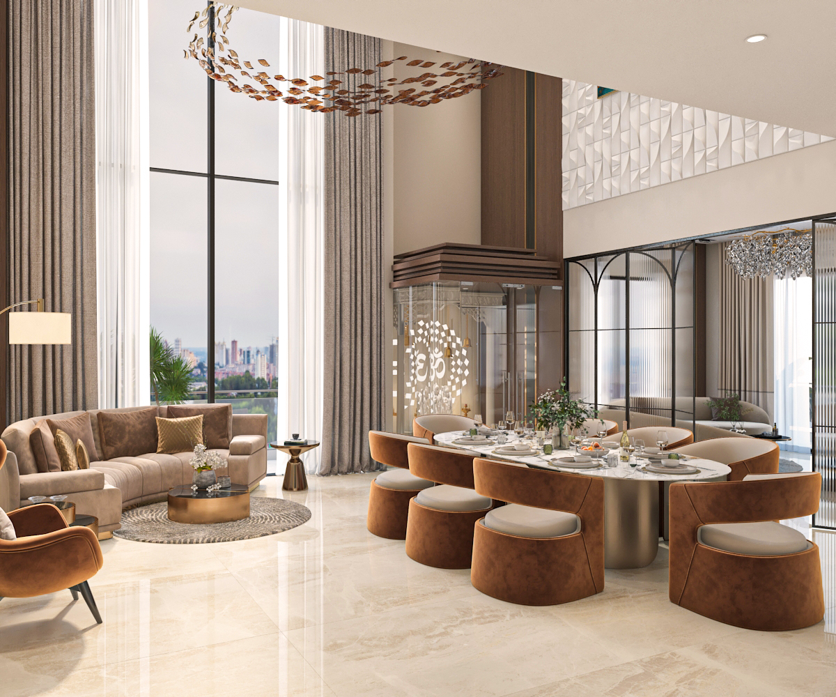 Double-height living and dining with oval marble table, tan velvet chairs, and cascading copper-leaf chandelier