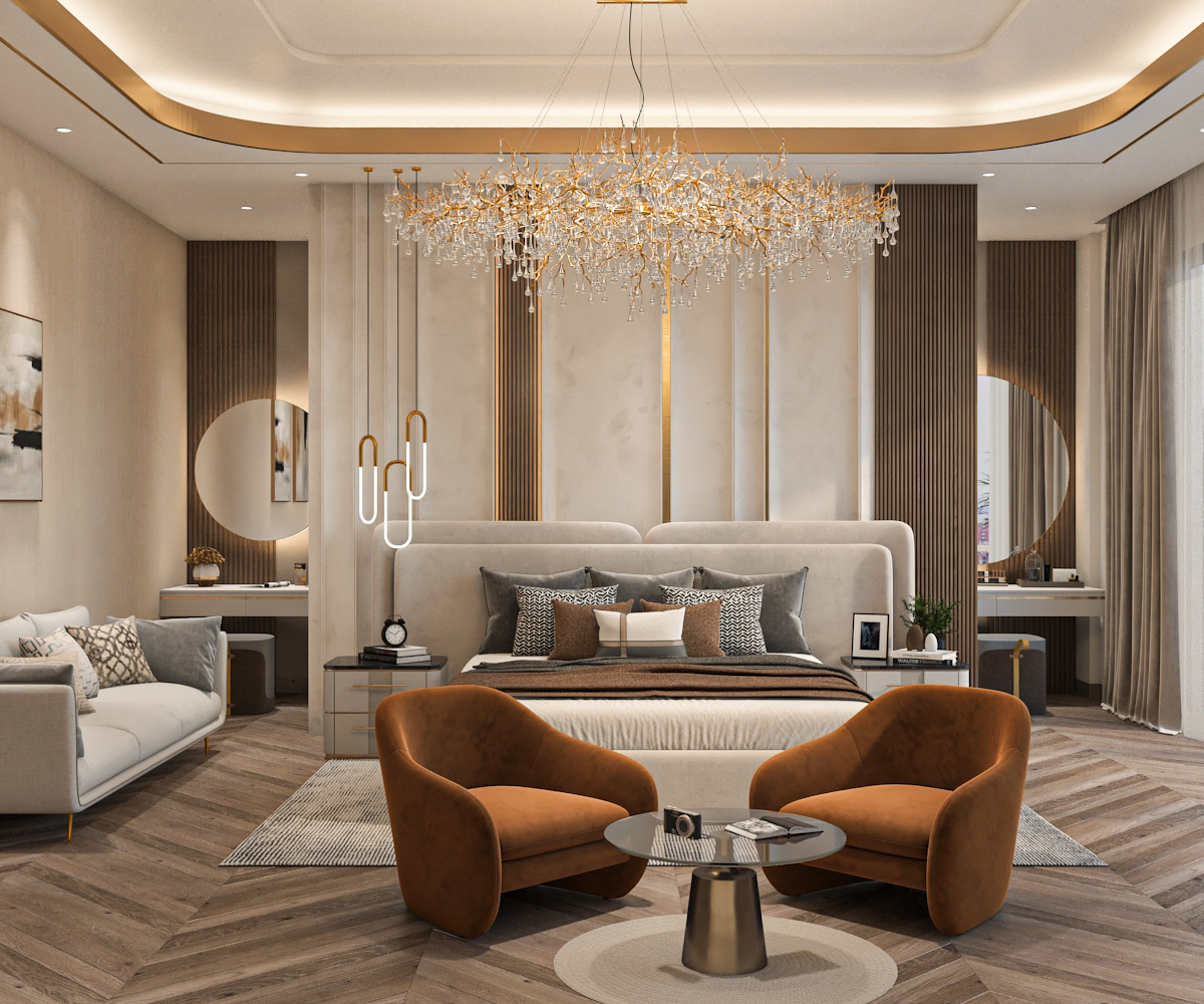 Grand master bedroom with twin vanity corners, lounge seating, and dramatic chandelier centerpiece
