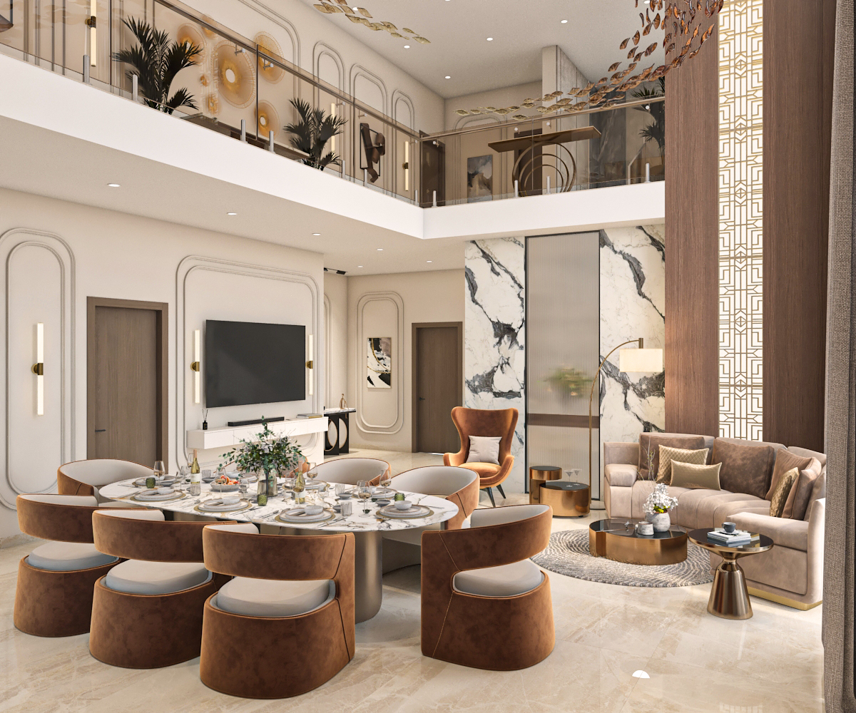 Grand living and dining pavilion with panelled walls, mezzanine gallery, and layered chandelier