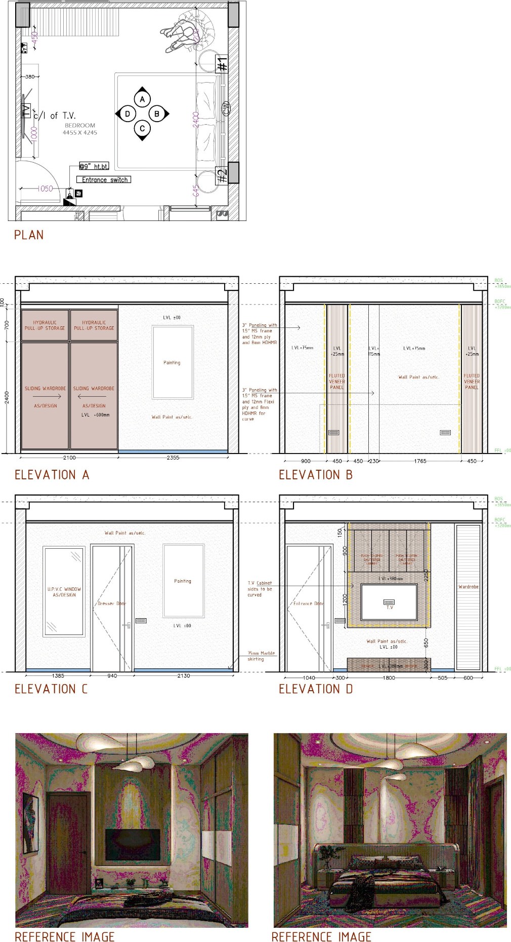 Grandparents' bedroom plan and wall elevations with wardrobe and TV unit detailing