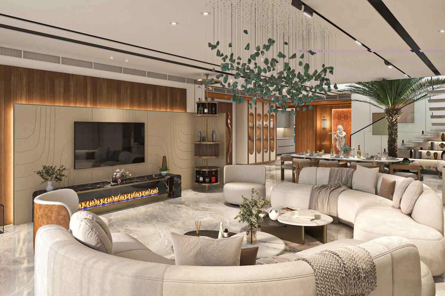 Grand living room with linear fireplace, marble flooring, sculptural green chandelier, and warm wood panelling