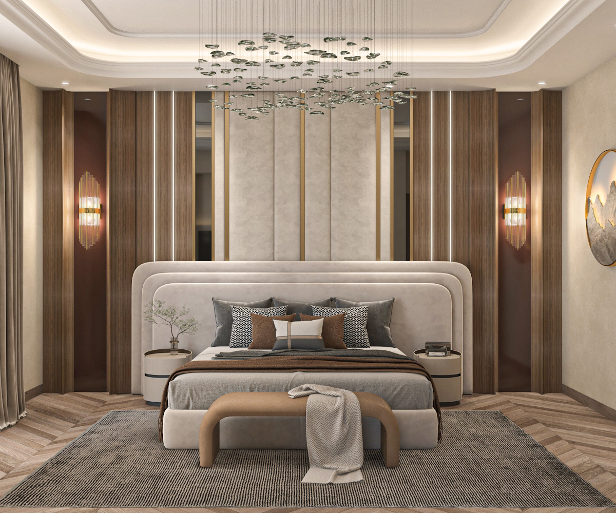 Bedroom with layered upholstered headboard wall, suspended glass chandelier, and timber panel detailing