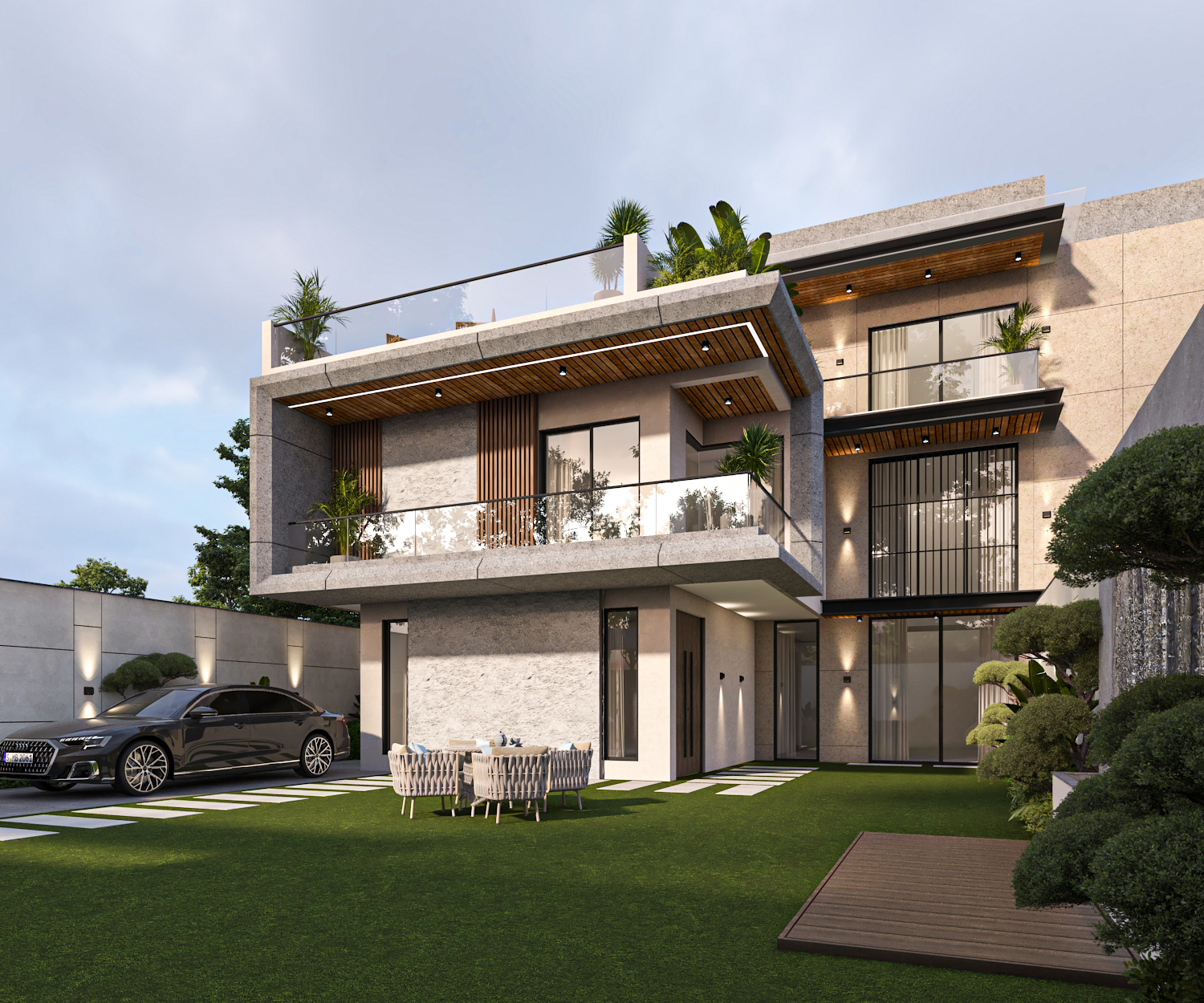 Villa in Kanpur — angled facade with landscaped courtyard and outdoor dining