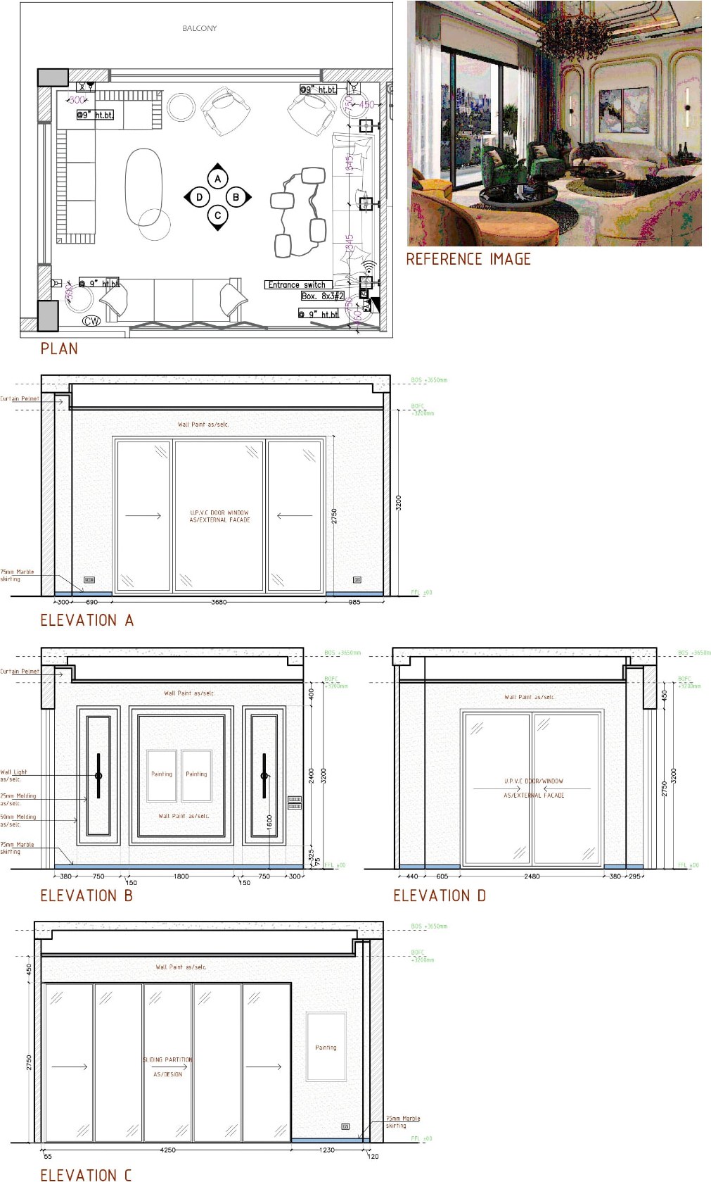 Drawing room wall elevations with plan, mouldings and marble skirting details