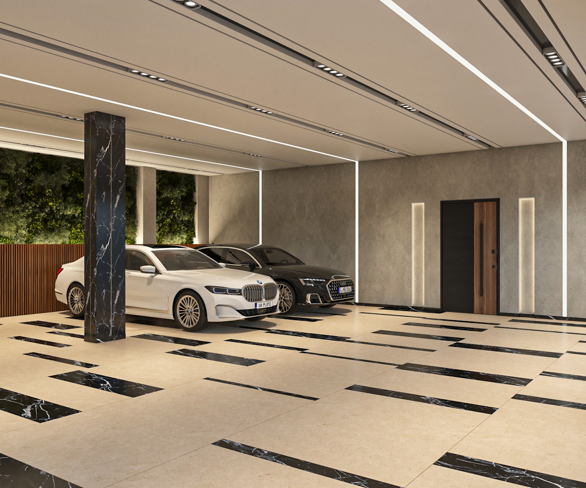 Luxury covered parking bay with marble-inlay flooring, linear lighting, and contemporary entrance door