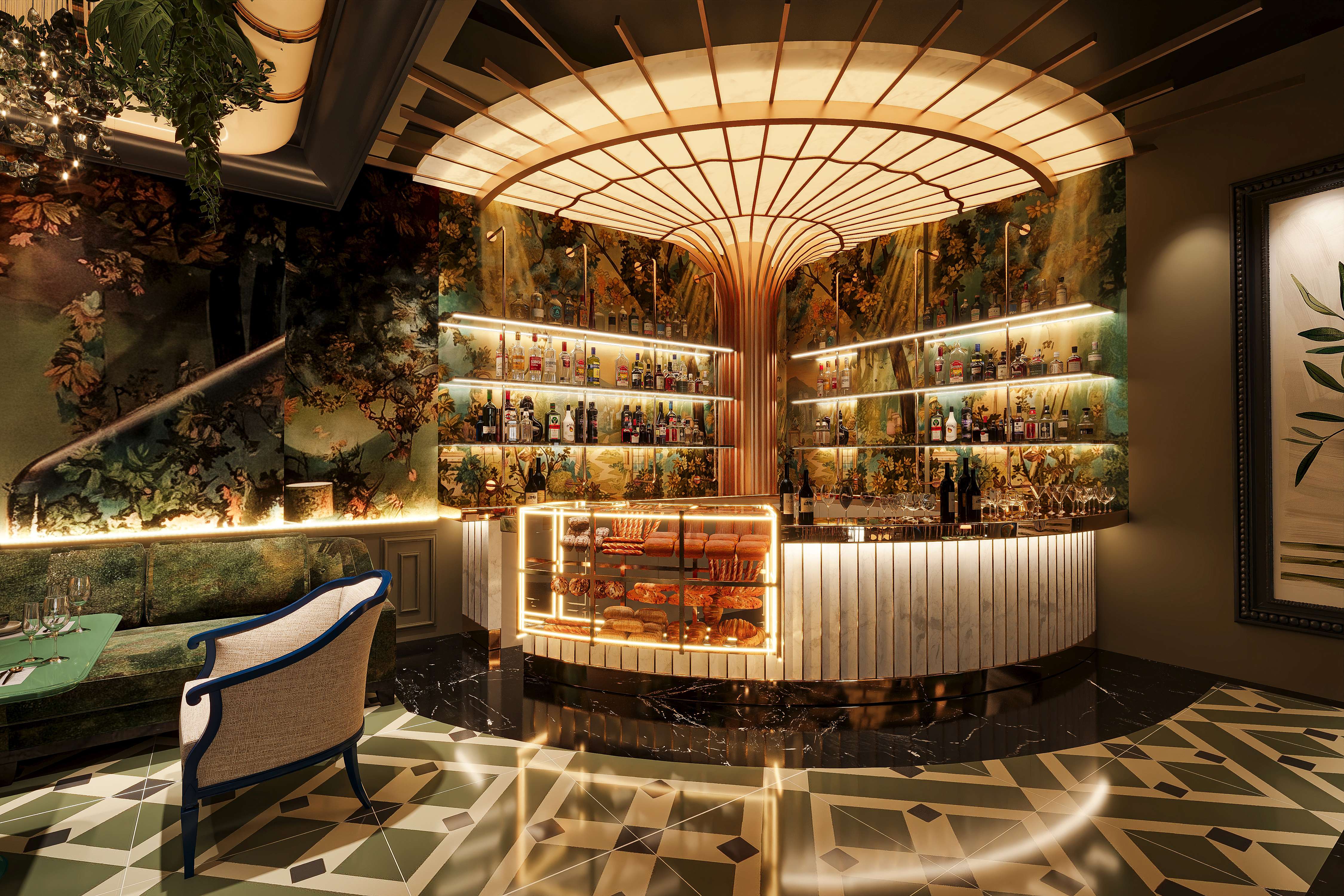 Curved bar and bakery counter with illuminated shelves and forest-themed wallpaper