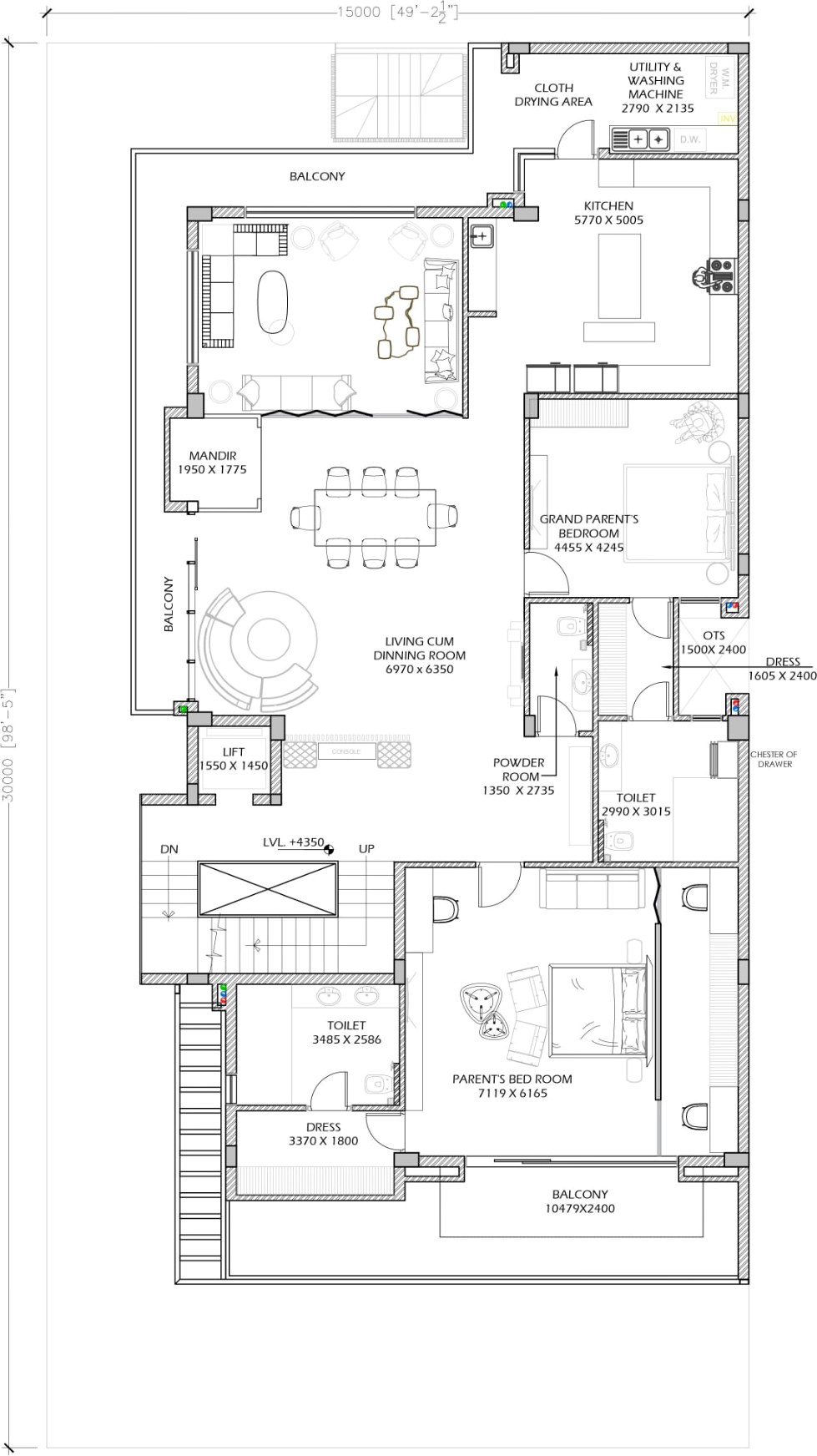 Ground floor furniture layout plan with living-dining, kitchen, mandir, and bedrooms