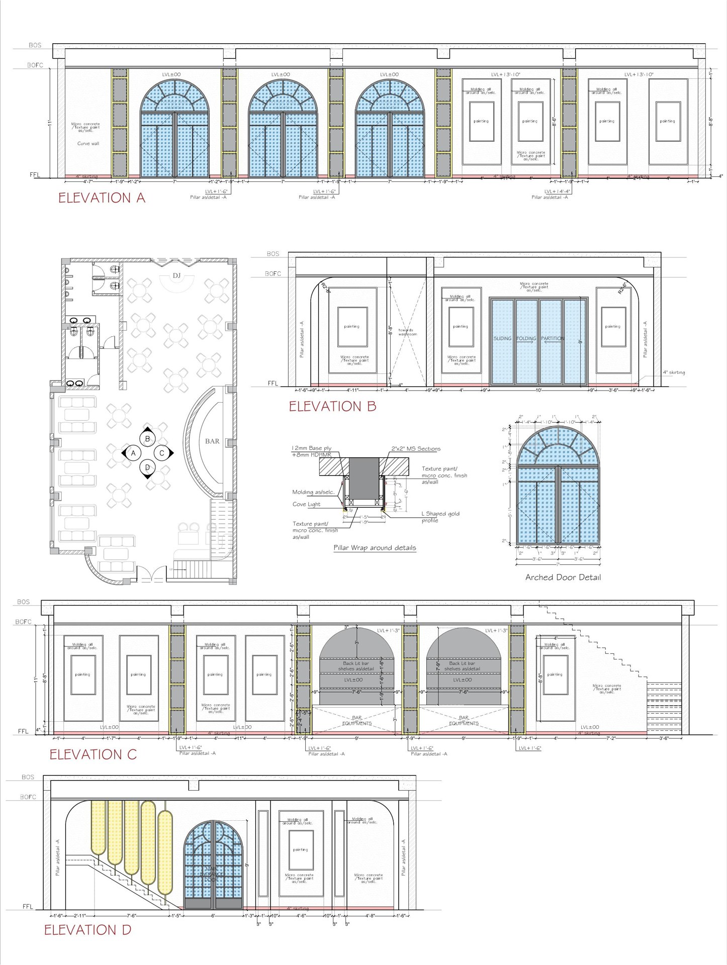 Ground floor wall elevations with arched openings and architectural mouldings
