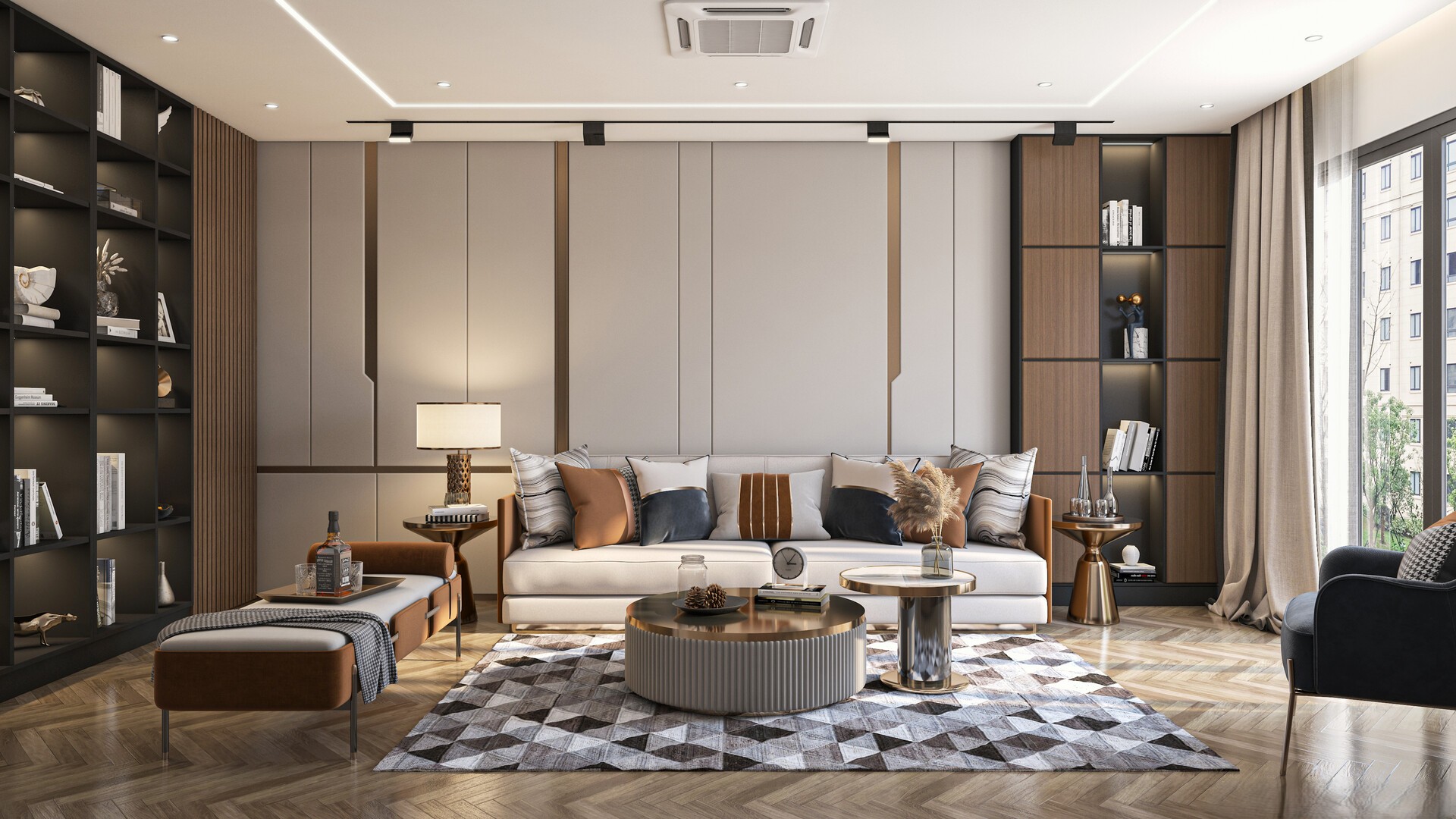 Contemporary lounge with neutral sofa, brass coffee tables, herringbone flooring, and full-height built-in shelving