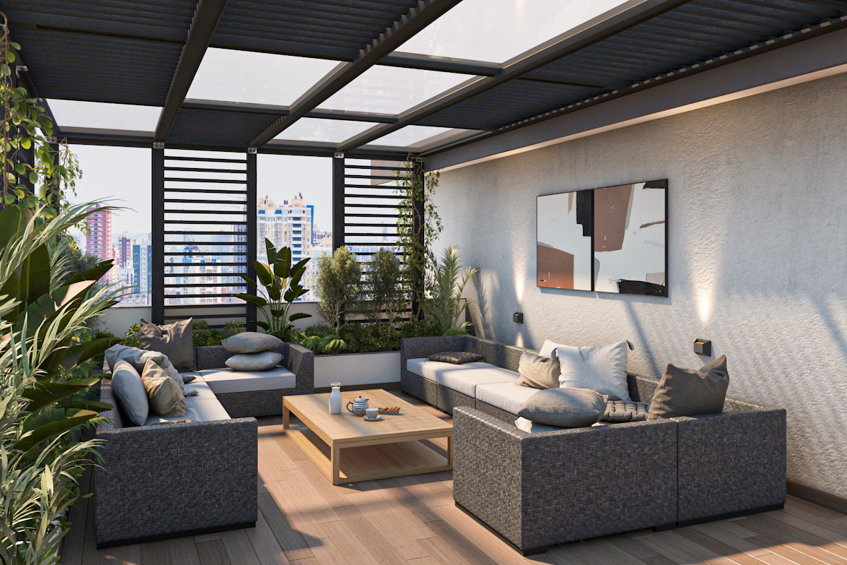 Terrace lounge under louvred pergola with woven sectional seating and city skyline view